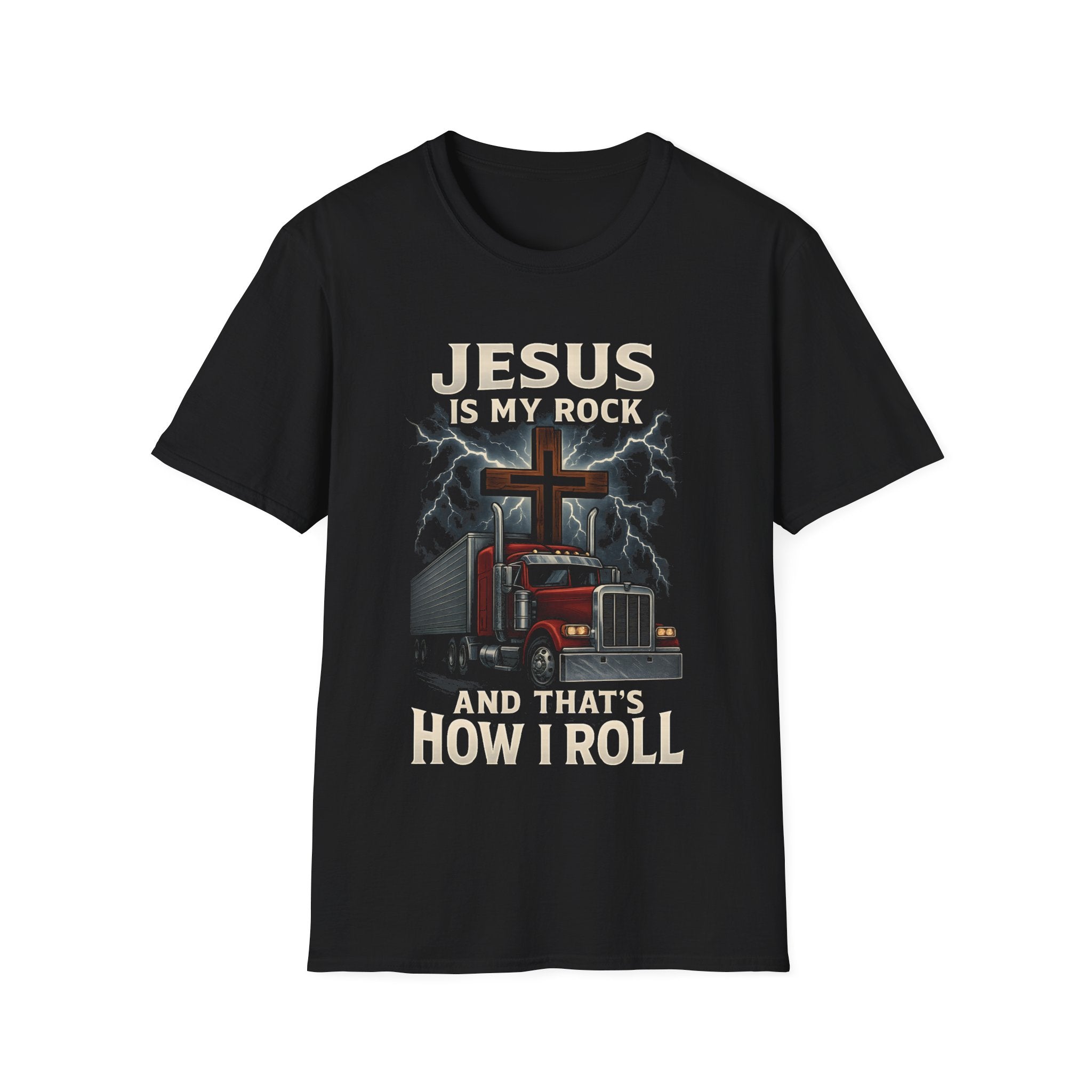 Black Christian T-shirt with red semi-truck and cross design that says “Jesus Is My Rock and That’s How I Roll”