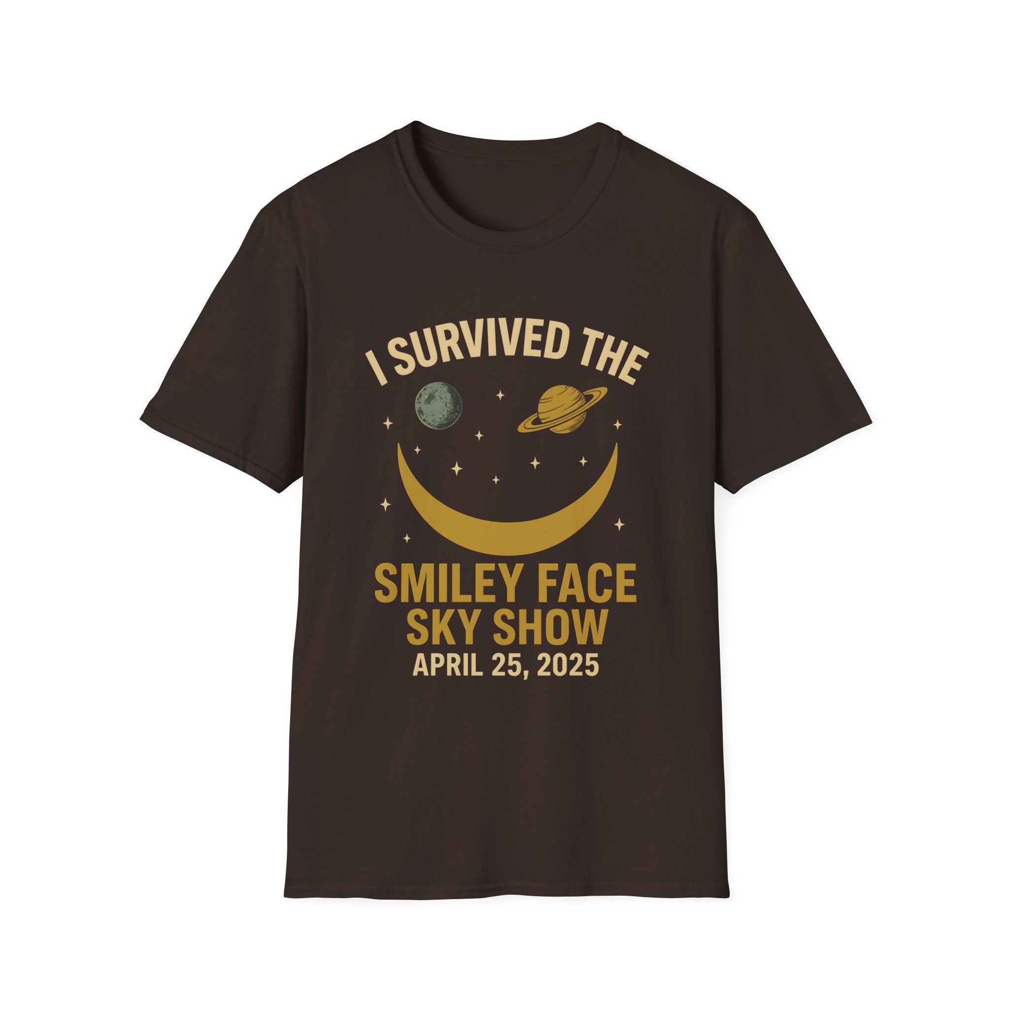 Dark chocolate T-shirt with 'I Survived the Smiley Face Sky Show' graphic, showing planets, stars, a crescent moon, and the date April 25, 2025 – astronomy-themed space event shirt