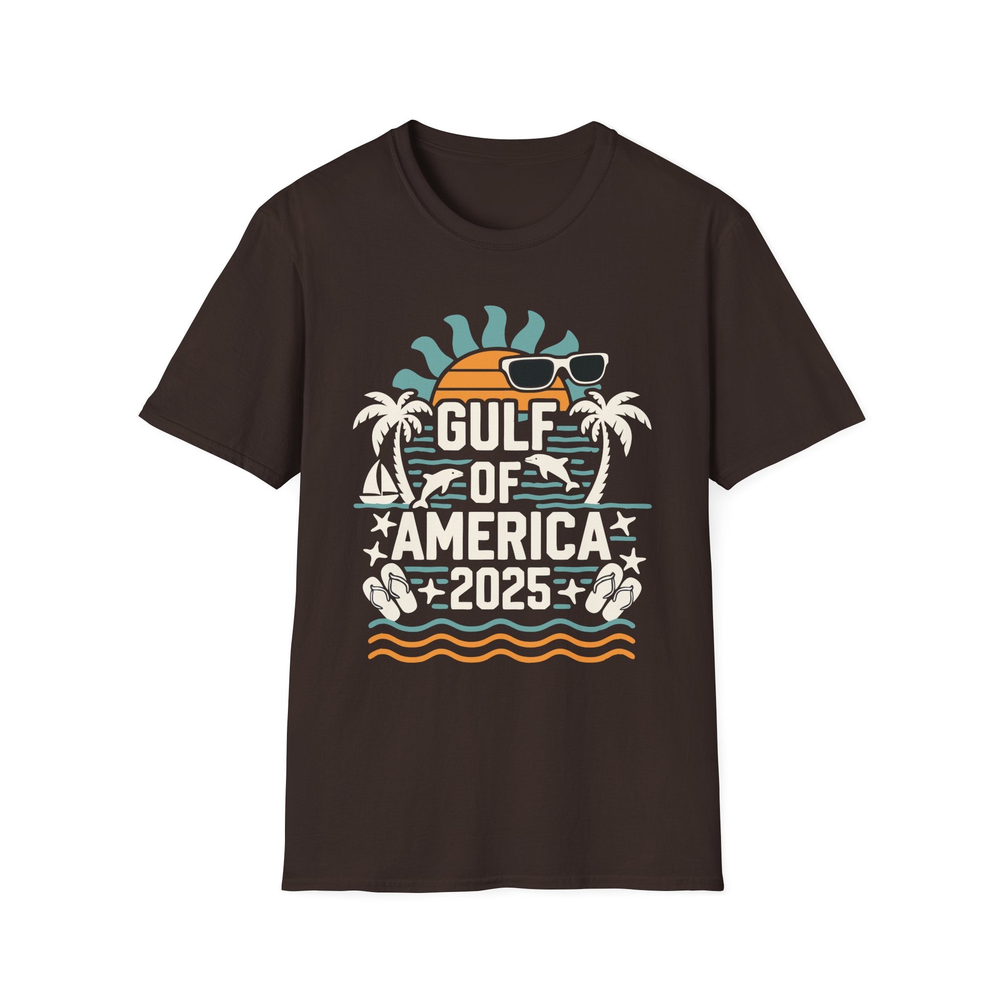 Dark Chocolate Beach-themed 2025 Gulf of America patriotic tee