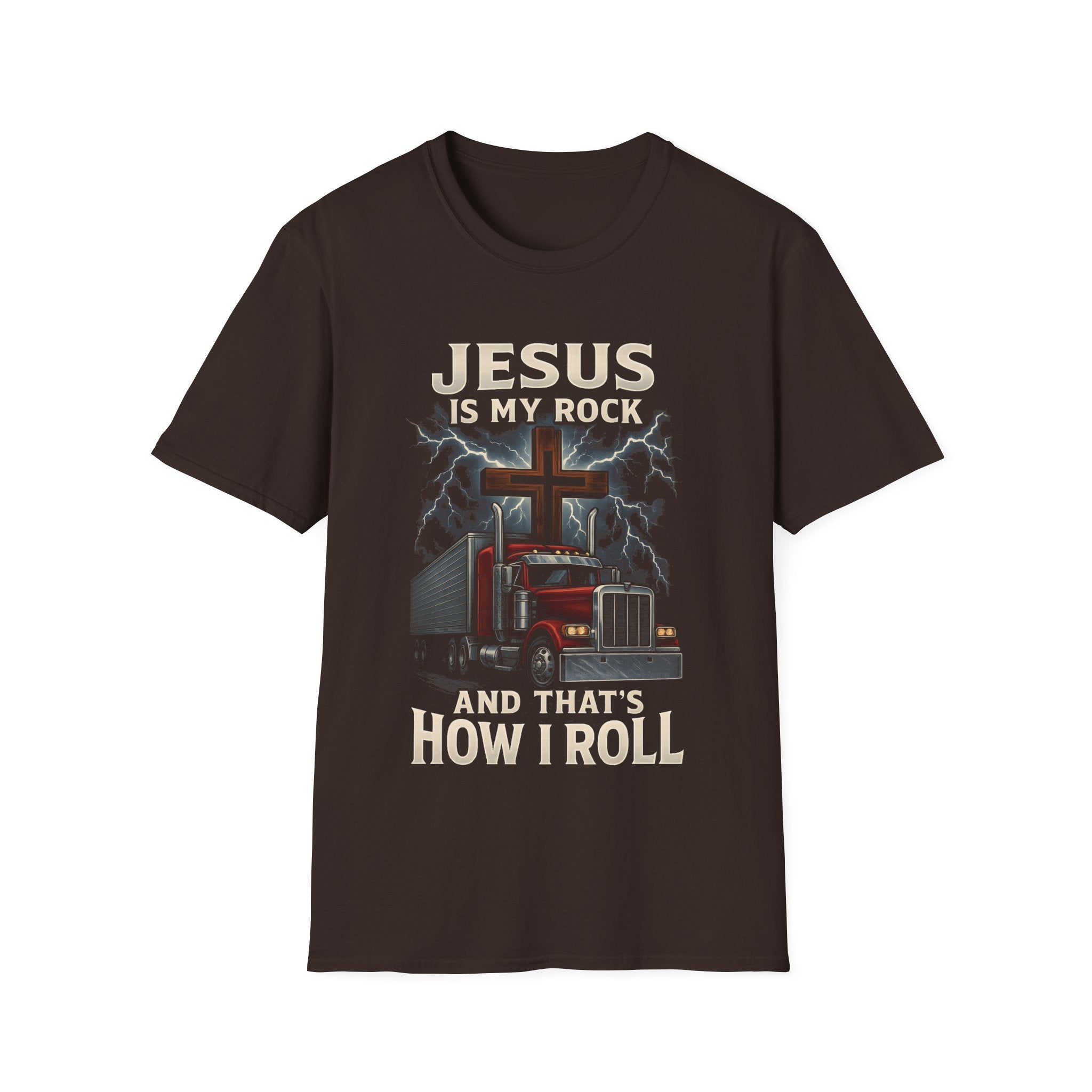 Dark Chocolate Christian T-shirt with red semi-truck and cross design that says “Jesus Is My Rock and That’s How I Roll”