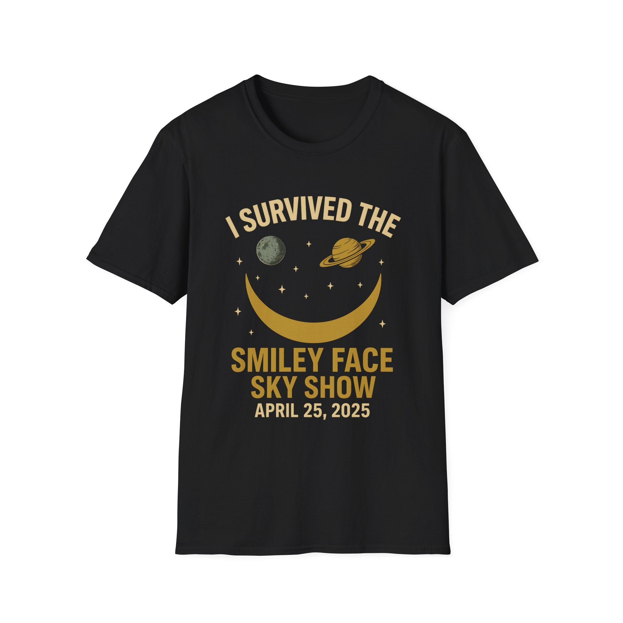 Black T-shirt with vintage-style 'I Survived the Smiley Face Sky Show' graphic, featuring a smiling crescent moon, planets, stars, and the date April 25, 2025 – astronomy-themed shirt for celestial event lovers