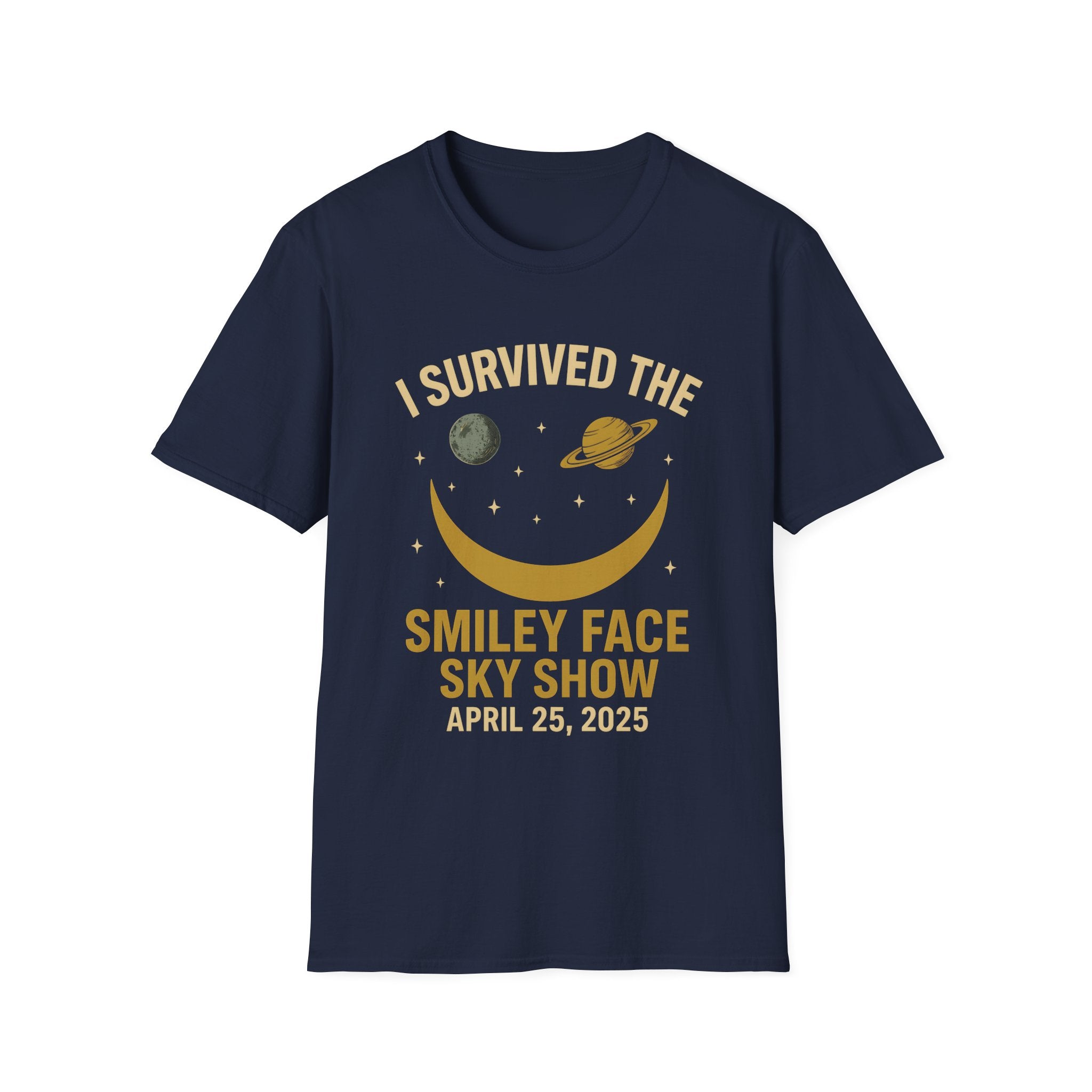 Navy blue T-shirt with 'I Survived the Smiley Face Sky Show' design featuring planets, stars, a smiling crescent moon, and April 25, 2025 – perfect for astronomy and space lovers
